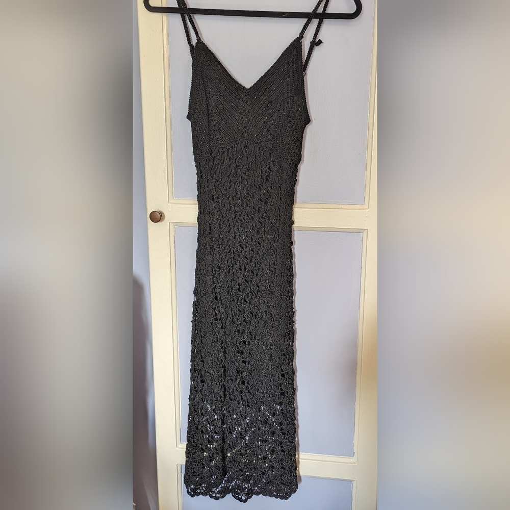 ÉTOILE Black HIGH QUALITY CROCHET KNIT BEADED DRESS SPAGHETTI STRAP M